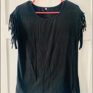 Black Tassel Short Sleeve Round Neck Top